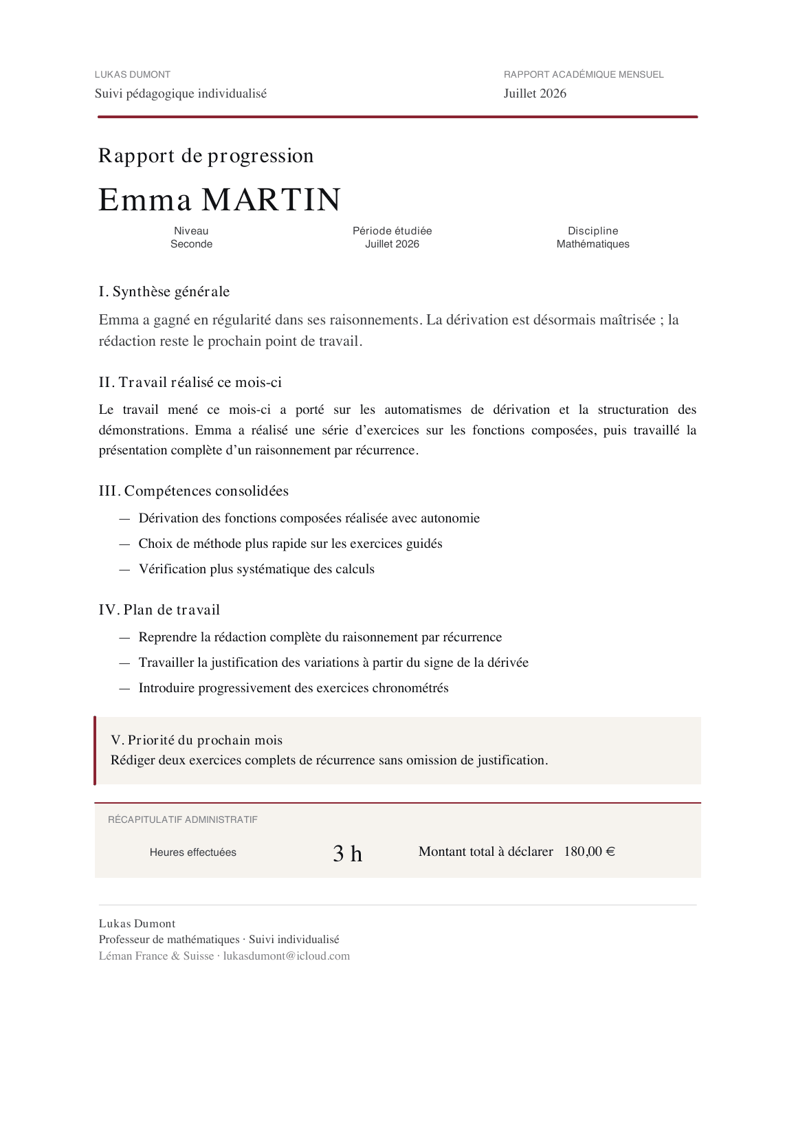 Exemple fictif de bilan mensuel transmis aux parents